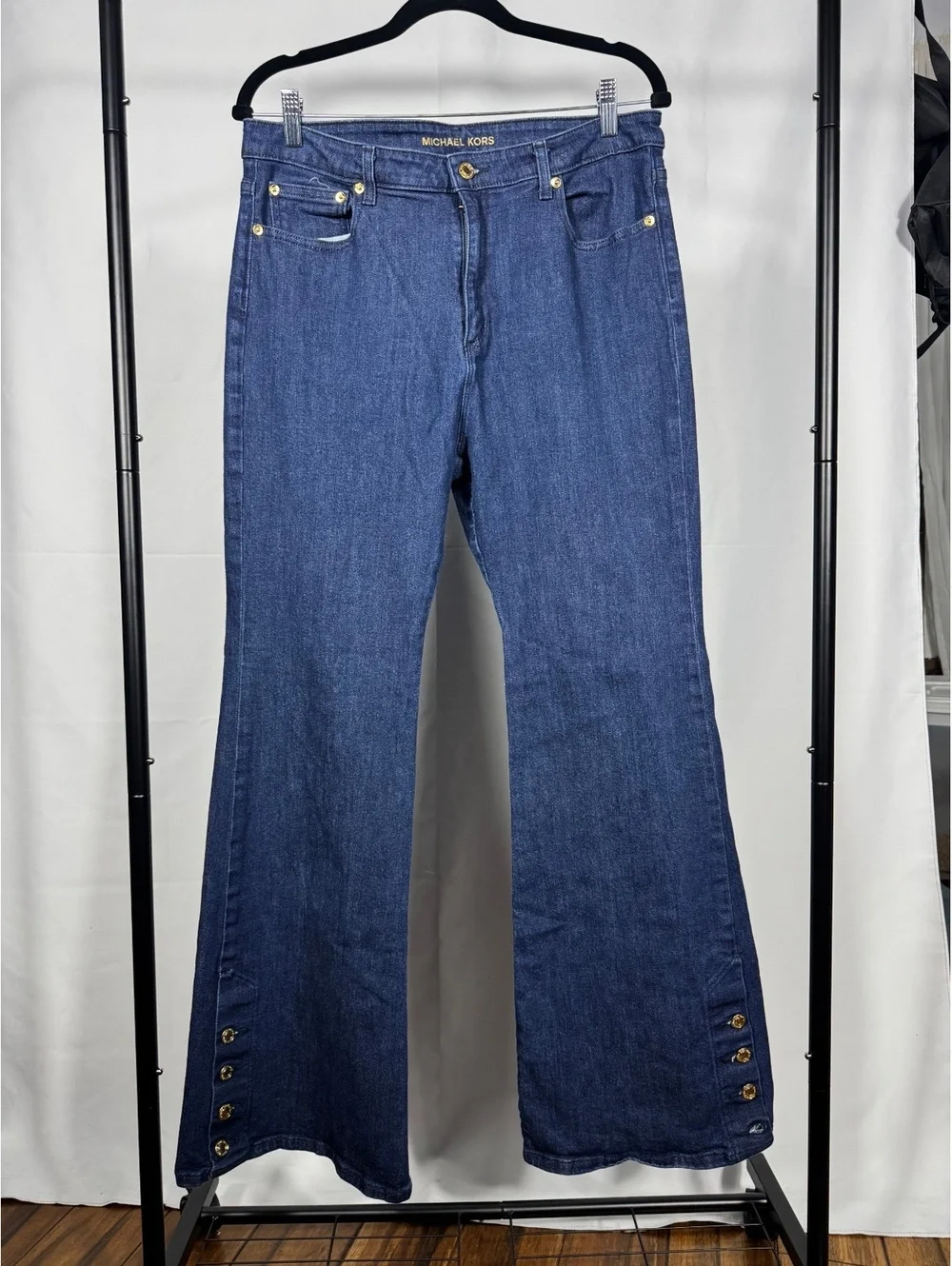 Michael Kors Women's Dark Blue Flared Jeans with Gold Button Details Size 12